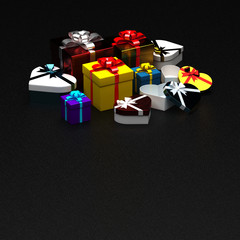 Bunch of multicolored gift boxes and hearts with ribbon on black rough background. 3d illustration