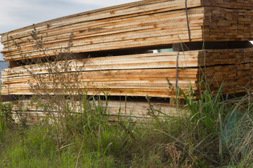 wood boards stacked for drying process in the sawmill