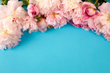 banner with pink peonies on blue background
