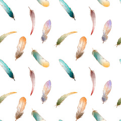 Colored turquoise yellow cute feathers seamless pattern on a white background. Textural watercolor digital art. Print for fabrics, clothes, stationery, banners, cards, wrapping paper, decoration.