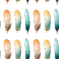 Colored turquoise yellow cute feathers seamless pattern on a white background. Textural watercolor digital art. Print for fabrics, clothes, stationery, banners, cards, wrapping paper, decoration.