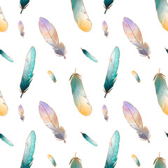Colored turquoise yellow cute feathers seamless pattern on a white background. Textural watercolor digital art. Print for fabrics, clothes, stationery, banners, cards, wrapping paper, decoration.