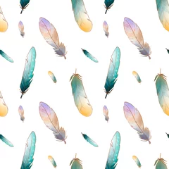 Behang Aquarel veren Gekleurde turquoise gele schattige veren naadloze patroon op een witte achtergrond. Textuur aquarel digitale kunst. Afdrukken voor stoffen, kleding, briefpapier, banners, kaarten, inpakpapier, decoratie.