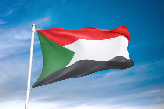 Sudan flag waving sky background 3D illustration