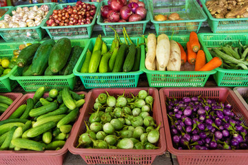 Shop counter with vegetables. Boxes with vegetables. Fresh and healthy vegetables on the market