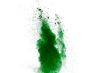 green powder explosion isolated on white background.
