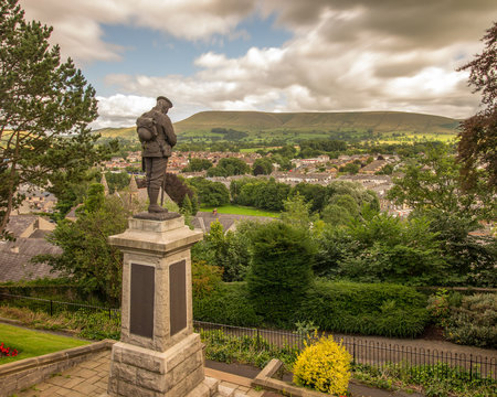 Clitheroe castle park and war memorial looking out over the Ribble valley and Pendle hill