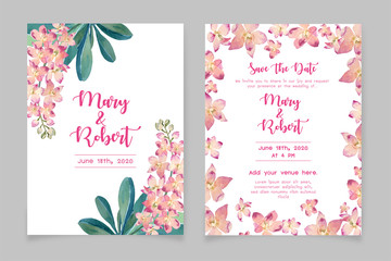 Fototapeta na wymiar Water color pink orchids with green leaf botanical style bouquet on white background illustration vector. Wedding card format. Suitable for various designs. Valentine's day and wedding design element.