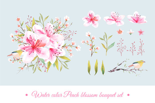 Water color pink peach flower blossom with green leaf and lime green bird bouquet in botanical style with isolated arrangement set on blue background illustration vector. Suitable for various designs.