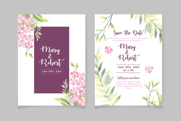 Water color pink orchids with green leaf clean botanical style bouquet on white background illustration. Wedding card format. Suitable for various designs. Valentine's day and wedding design elements.