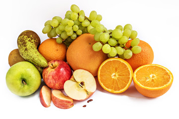 Various ripe fruits on a white background