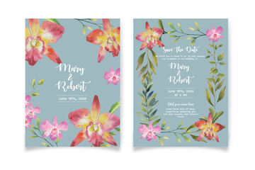 Water color pink orchids and Cattleya orchid with green leaf botanical style bouquet on sky blue background illustration vector. Wedding card format. Suitable for wedding design elements.