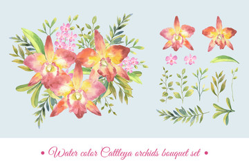 Water color pink orchids and Cattleya orchid with green leaf bouquet in botanical style with isolated arrangement set on blue background illustration vector. Suitable for wedding design elements.