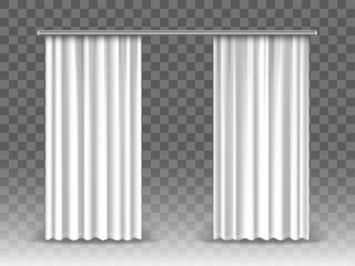 Vector white curtains isolated on transparent background. Realistic mockup curtains hanging on metal  rod