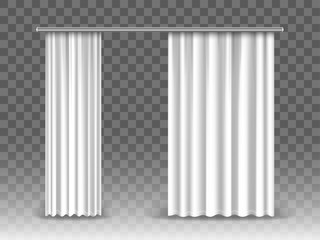 Vector white curtains isolated on transparent background. Realistic mockup curtains hanging on metal  rod