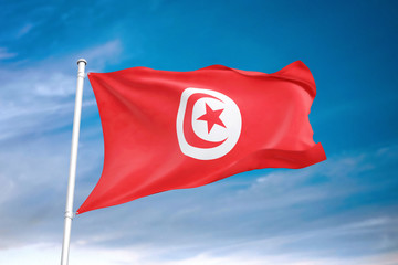 Tunisia flag waving sky background 3D illustration