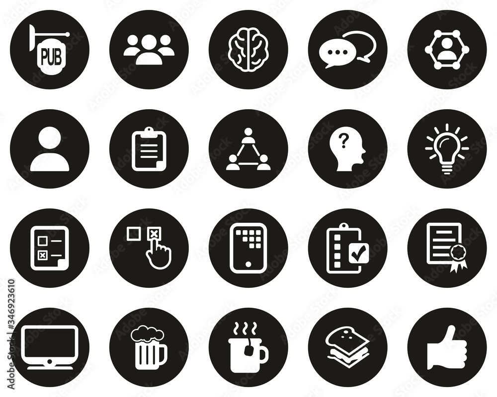 Wall mural Pub Quiz Or Bar Quiz Icons White On Black Flat Design Circle Set Big