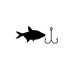 Fishing hook and fish icon isolated on white background