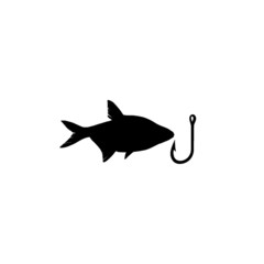 Fishing hook and fish icon isolated on white background