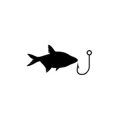 Fishing hook and fish icon isolated on white background
