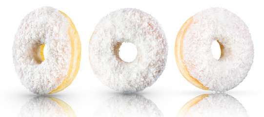 Set of glazed donuts with sprinkles on a white background