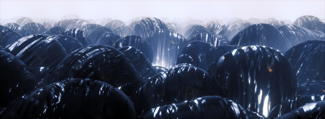 3d render of Sci Fi Abstract Background featuring army of futuristic spheres on blue alien planet, panoramic close up