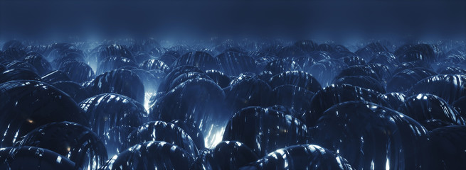 3d render of Sci Fi Abstract Background featuring army of futuristic spheres on blue alien planet, panoramic close up