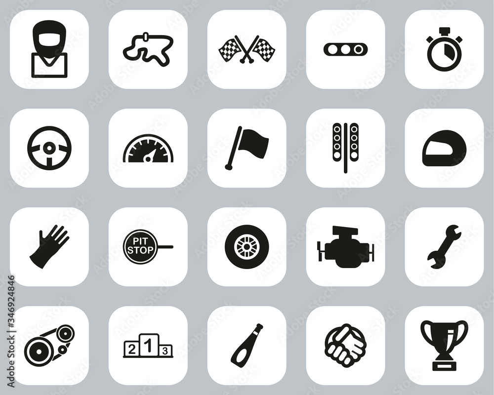 Sticker Racing Icons Black & White Flat Design Set Big