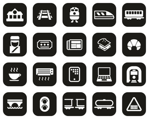 Railroad Travel & Cargo Transportation Icons White On Black Flat Design Set Big