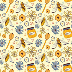 Pattern with honey and bees. Seamless vector background for honey design. Wrapping paper for homemade products. Foral print for packaging.
