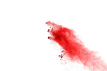 Red powder explosion on white background. Colored cloud. Colorful dust explode. Paint Holi.