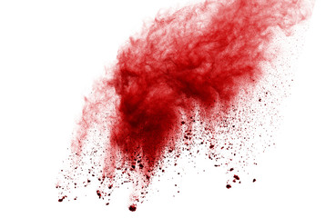 Red powder explosion on white background. Colored cloud. Colorful dust explode. Paint Holi.
