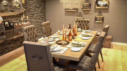 Modern dining room.
Modern interior with seating, table covered with fine tableware and table decoration. 3d illustration.
