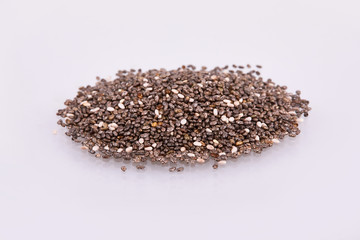 Organic dry Chia seeds (Salvia Hispanica seeds) heap isolated with white background. Top view. Healthy diet, superfood and supplement concept