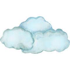 Watercolor illustration of a blue cloud on a white background. Hand-drawn with watercolors and is suitable for all types of design and printing.
