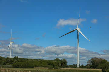 Windmill turbine on the field in UK with blue sky