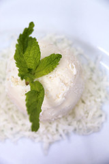 Vanilla ice cream with a mint leaf