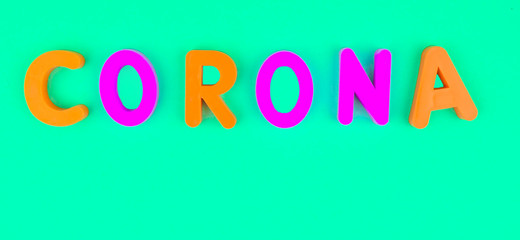 Corona word written with different colored letter blocks on a blue background