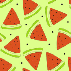 Seamless pattern with bright juicy slices of watermelon with pits on a cute pastel background, can be changed. Print on fabric, clothes for children, wrapping paper. Flat style. Vector illustration.