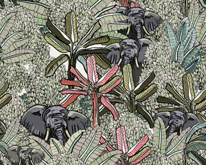 Elephants in Deep Tropical Jungles India Oriental Style, Wildlife Tropical Plants Textile Print, Seamless Pattern Hand Drawn Illustration Animals in Tropical Mountains