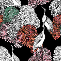 Exotic Crane Birds, Blooming Bushes Black and White, Spring Floral Minimalist Illustration, Wildlife Seamless Pattern Black Background, Oriental Japanese Minimalist Print, Doodle Drawing Birds, Flower