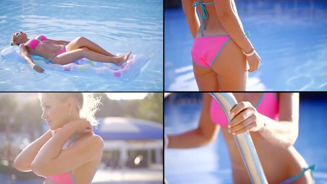 Collage of a young blonde girl with bright makeup, she is relaxing by the pool, she is wearing a pink swimsuit, she is posing, goes down to the pool and lies on an air mattress on the water.