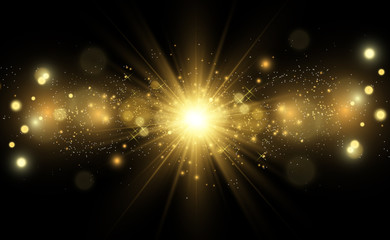 Naklejka premium Golden bright star. Light effect bright star. Beautiful light to illustrate. Christmas star White sparks sparkle with a special light. Vector sparkles on transparent background.