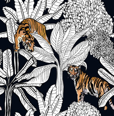 Tigers Hidden in Tropical Plants Outline Drawing on Black Background, Japanese Print Oriental Vintage Seamless Pattern, Graphic Black and White Doodle draing Jungle Forest with Wild Cats