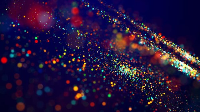 Magical multicolored sparkles of light form abstract simple plane structure. Multi-colored glow particles float in viscous liquid as fantastic 3d background in 4k. Luma matte as alpha channel.