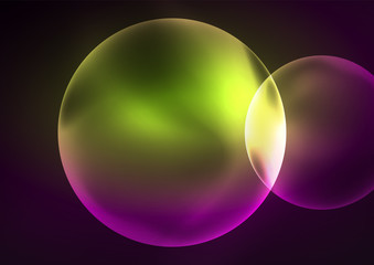 Glowing neon shiny transparent bubbles, glass circles or bio cell concept. Techno futuristic vector abstract background For Wallpaper, Banner, Background, Card, Book Illustration, landing page