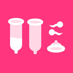 Set of used condom, new condom, and sperm on pink background. Concept of sex safe. Protect pregnancy. 