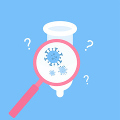The magnifying glass is detecting coronavirus in sperm in a used condoms. Concept of coronavirus in sperm, having sex in quarantine.