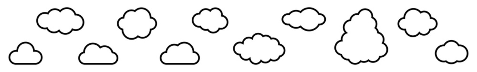 Cloud Icon Black Line | Clouds Illustration | Weather Climate Symbol | Computing Storage Logo | Cartoon Bubble Sign | Isolated | Variations