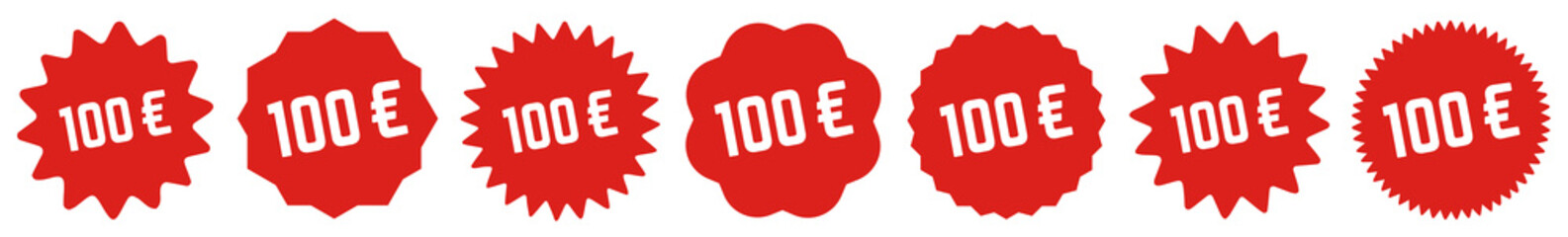 100 Price Tag Red | 100 Euro | Special Offer Icon | Sale Sticker | Deal Label | Variations